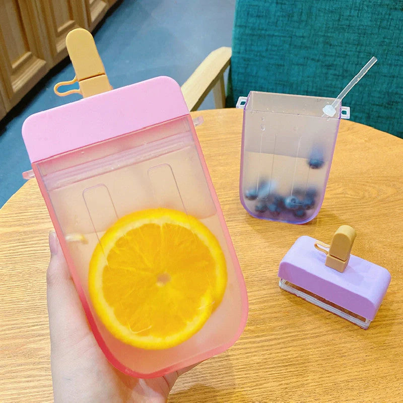 Summer children's water cup with anti-leak straw in pink, blue, yellow, and purple