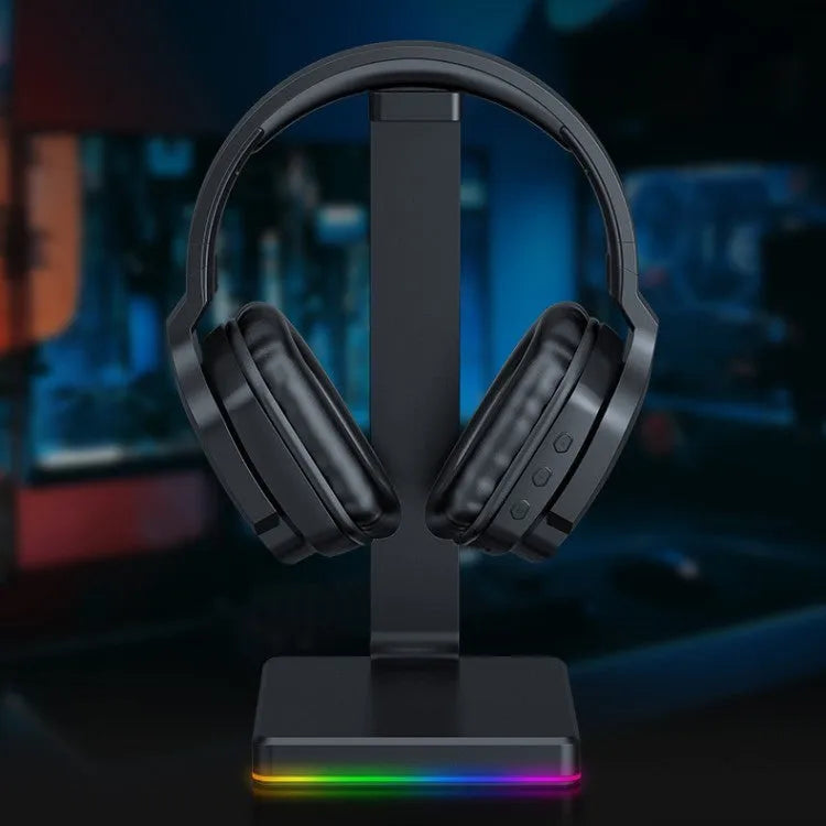 Luminous black wireless gaming headphones showing over-ear design and head-mounted construction