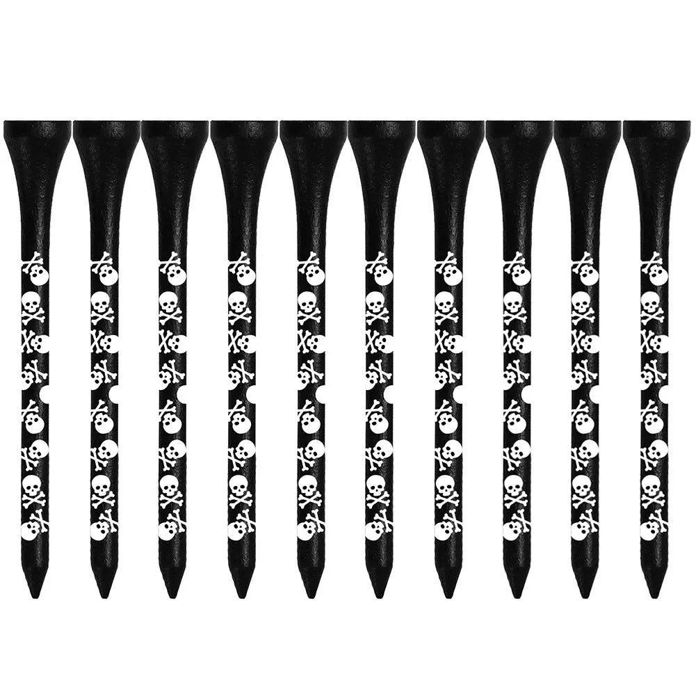 Ten black bamboo dowel pins with skull print for golf tees, showing 70mm and 83mm length options.