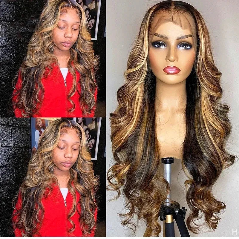 Front lace synthetic wig with gradient colour and long curly style with side bangs