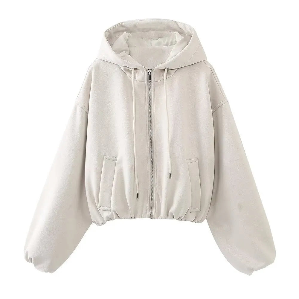 Women's casual hooded suede jacket in black colour on a hanger.