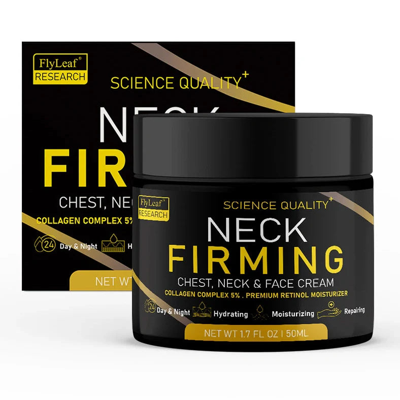 50ml neck firming cream jar showing clinical 30% wrinkle reduction results with hyaluronic acid and marine collagen formula