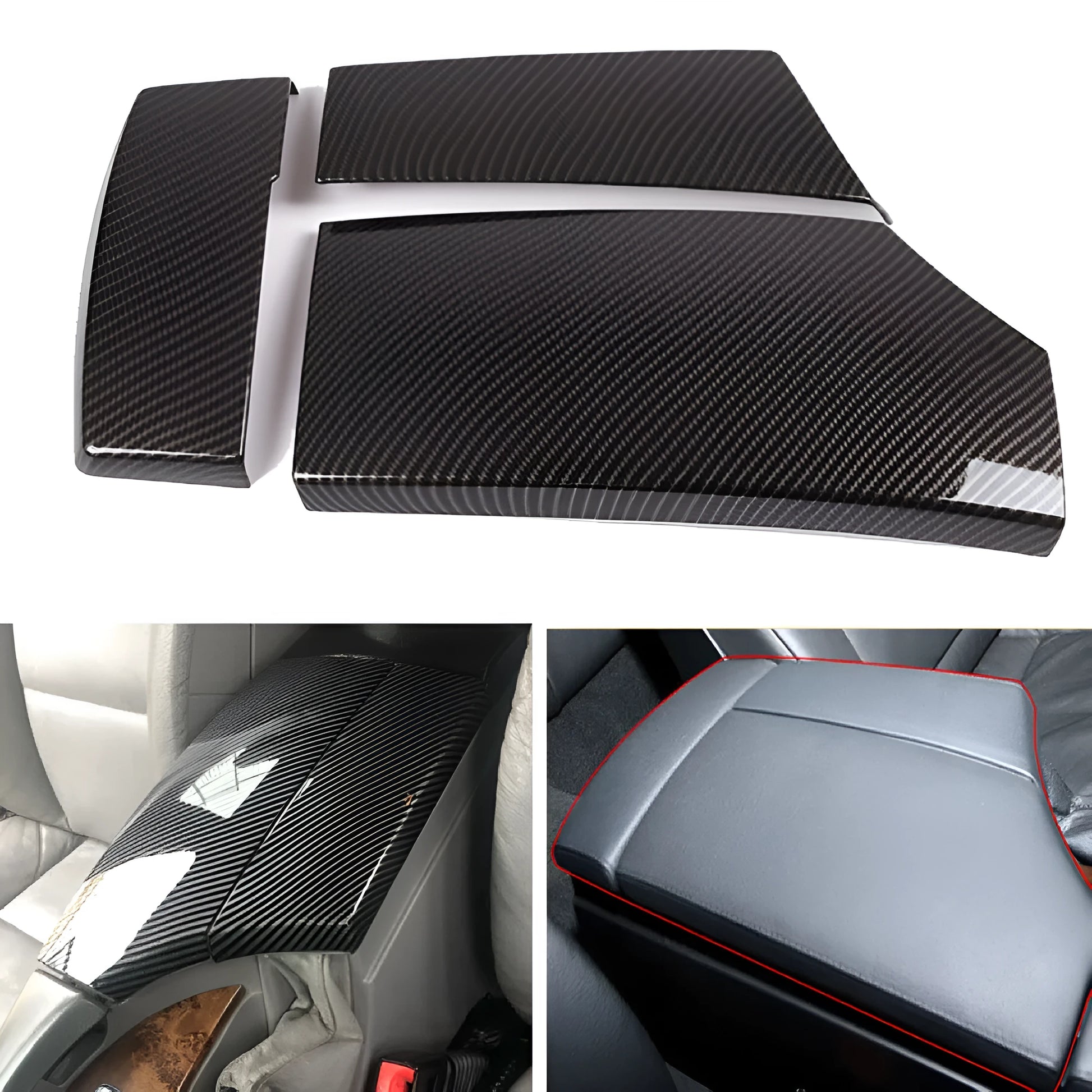 Set of three black ABS armrest box covers with a diagonal carbon fibre weave pattern and polished surface.