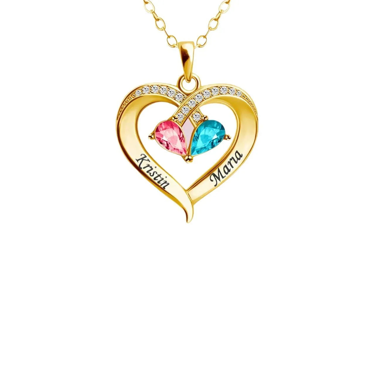 Two-colour water drop heart pendant necklace with diamond and 12 birthstones for women.
