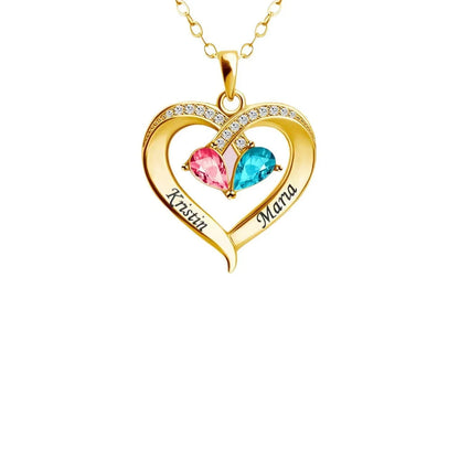 Two-colour water drop heart pendant necklace with diamond and 12 birthstones for women.