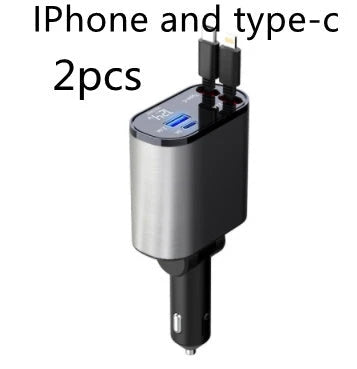 High-Speed 100W Car Charger with USB and Type-C Ports - Premium Metal Design, Fast Charging, Retractable Cable
