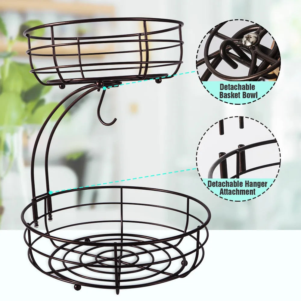 Black double-layer wrought iron fruit basket with 30cm diameter on kitchen counter