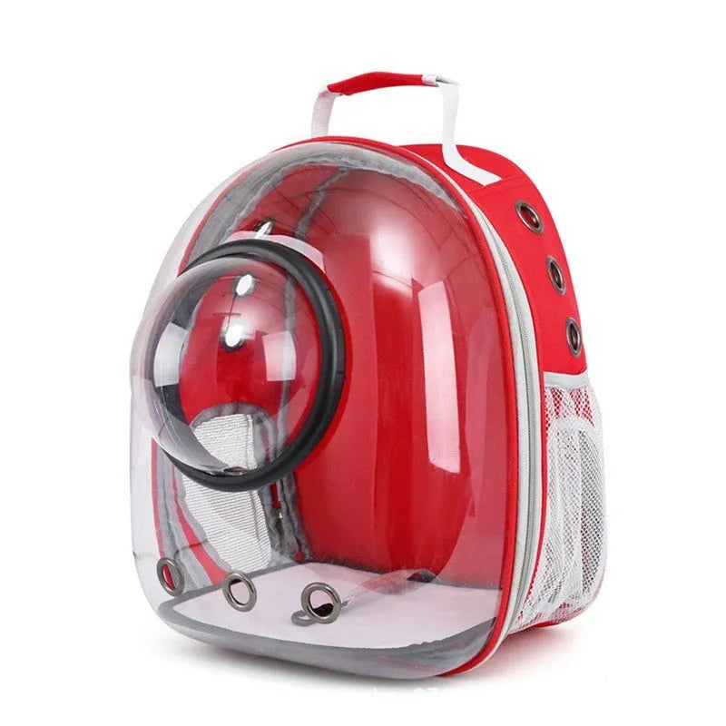 Grey PC plastic side opening pet carrier backpack for cats on a white background.