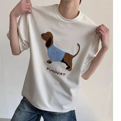 Men's black cotton T-shirt with embroidered sausage dog wrapped in a towel design