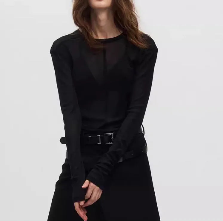 Black slim-fit mesh texture long sleeve pullover on a hanger.