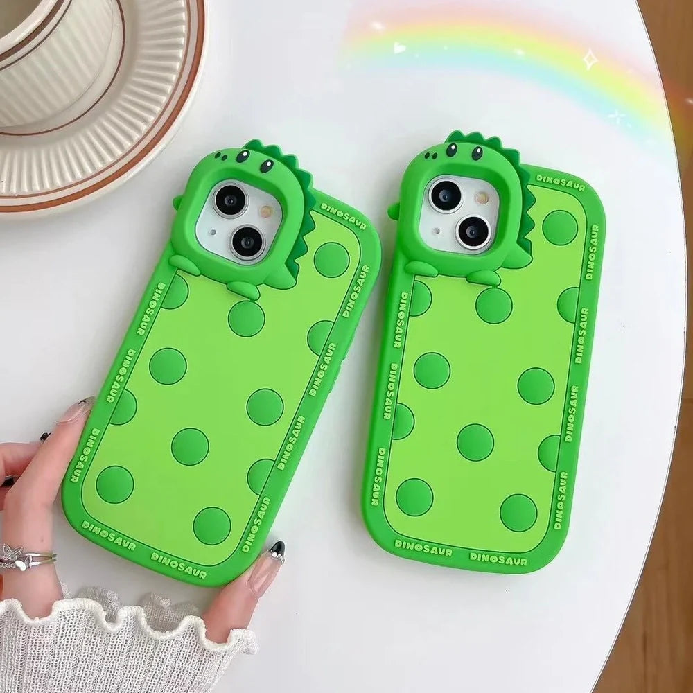 Green polka dot dinosaur pattern silicone phone case for iPhone with raised protective edges