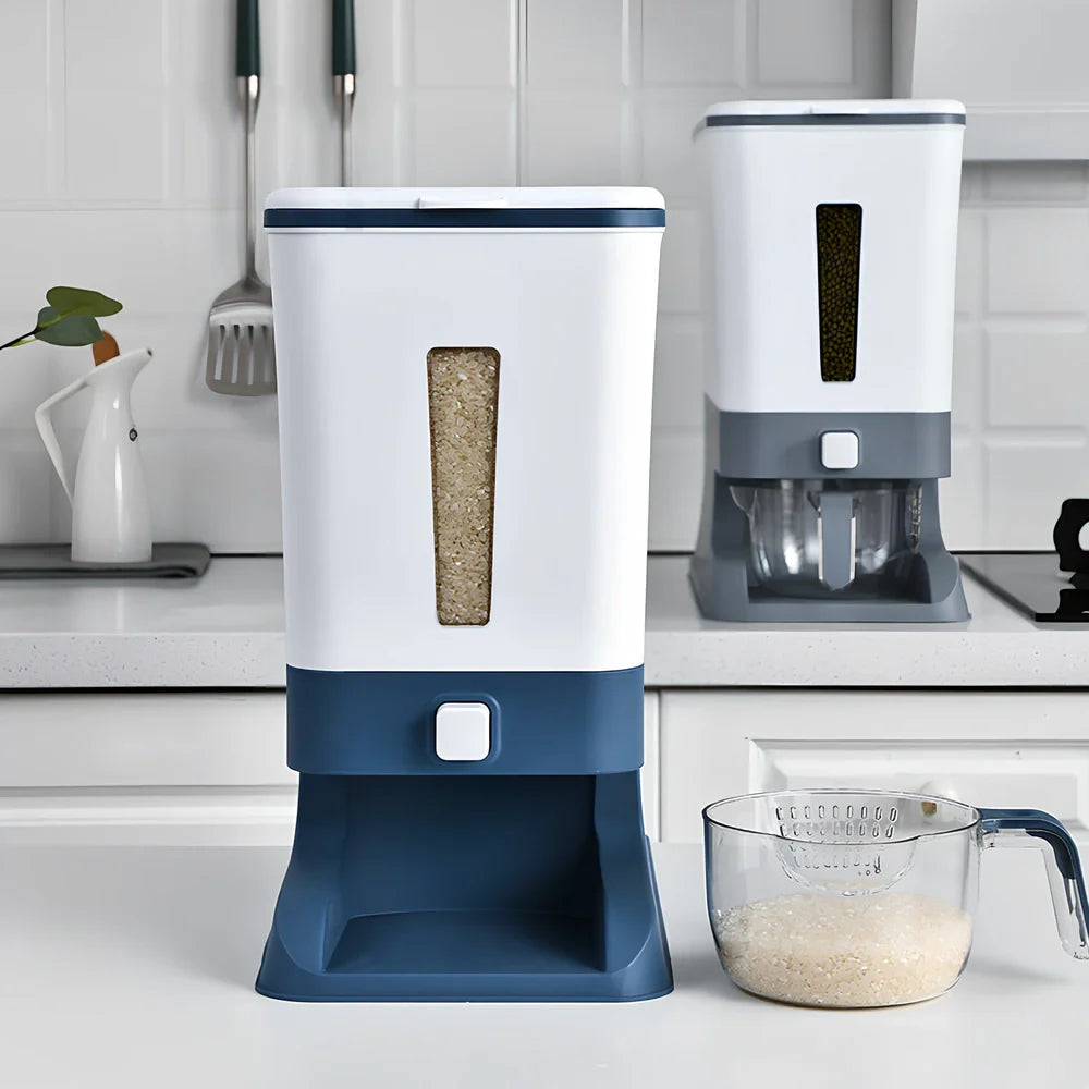 Automatic kitchen rice bucket with push-button portion control and transparent viewing window