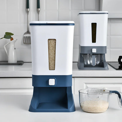Automatic kitchen rice bucket with push-button portion control and transparent viewing window