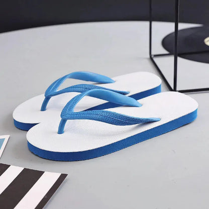 Rubber flip-flops with fish label design on strap, shown in green, red, blue, and black colour options.