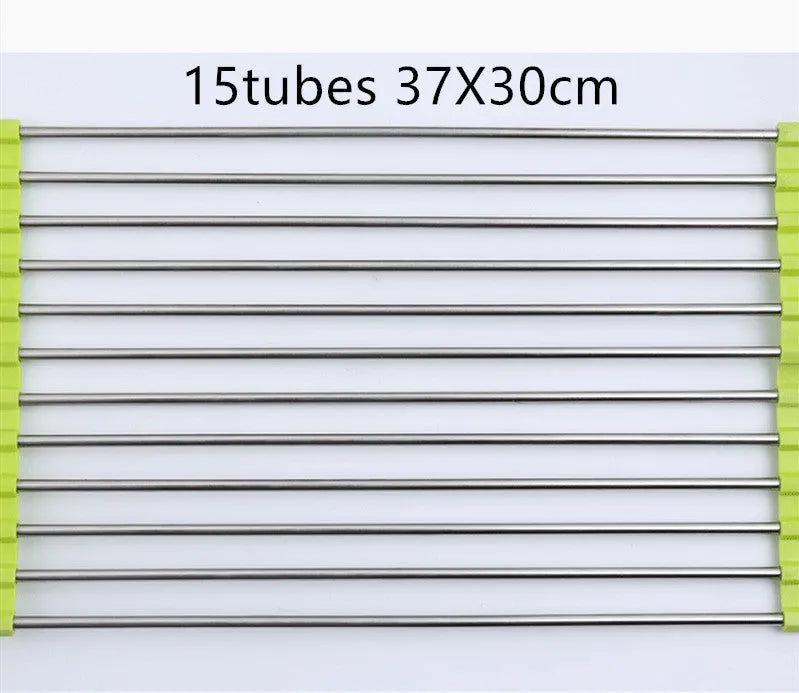 Folding stainless steel kitchen drain rack with coloured plastic tubes, shown open for use.