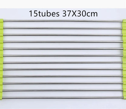 Folding stainless steel kitchen drain rack with coloured plastic tubes, shown open for use.