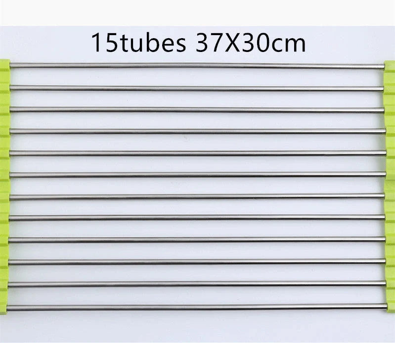 Stainless steel folding kitchen sink rack for efficient dish drying and space saving