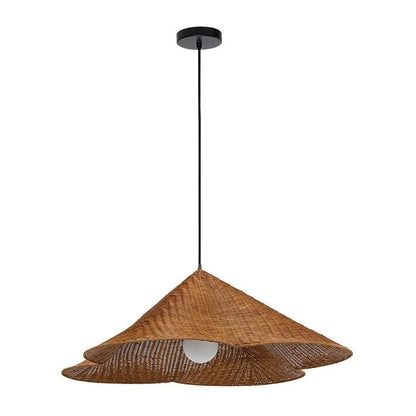 Rattan woven ceiling lamp with Silent Wind style in natural finish, shown from below