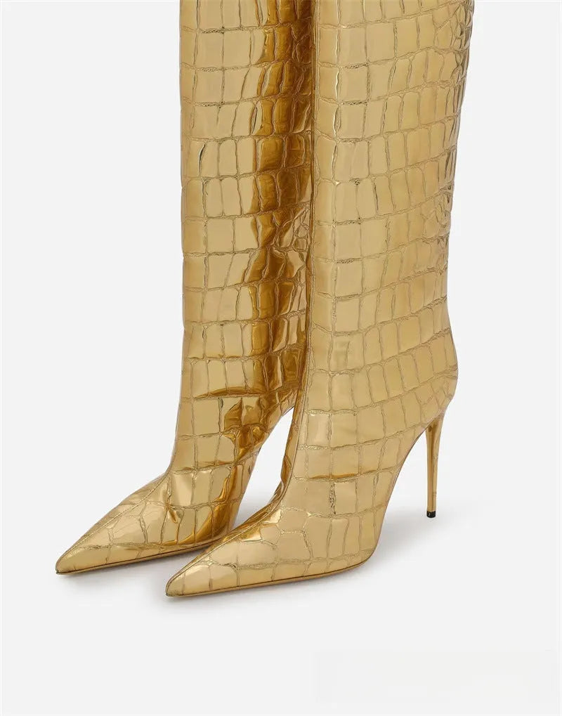 Women's pointed stiletto heel boots in leopard print with side zipper and high cylinder shaft.