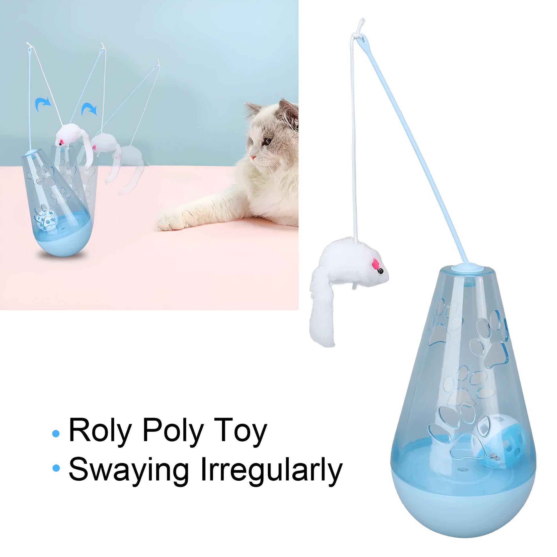 Blue and yellow cat toy with bell ball and plush mouse wand for indoor play