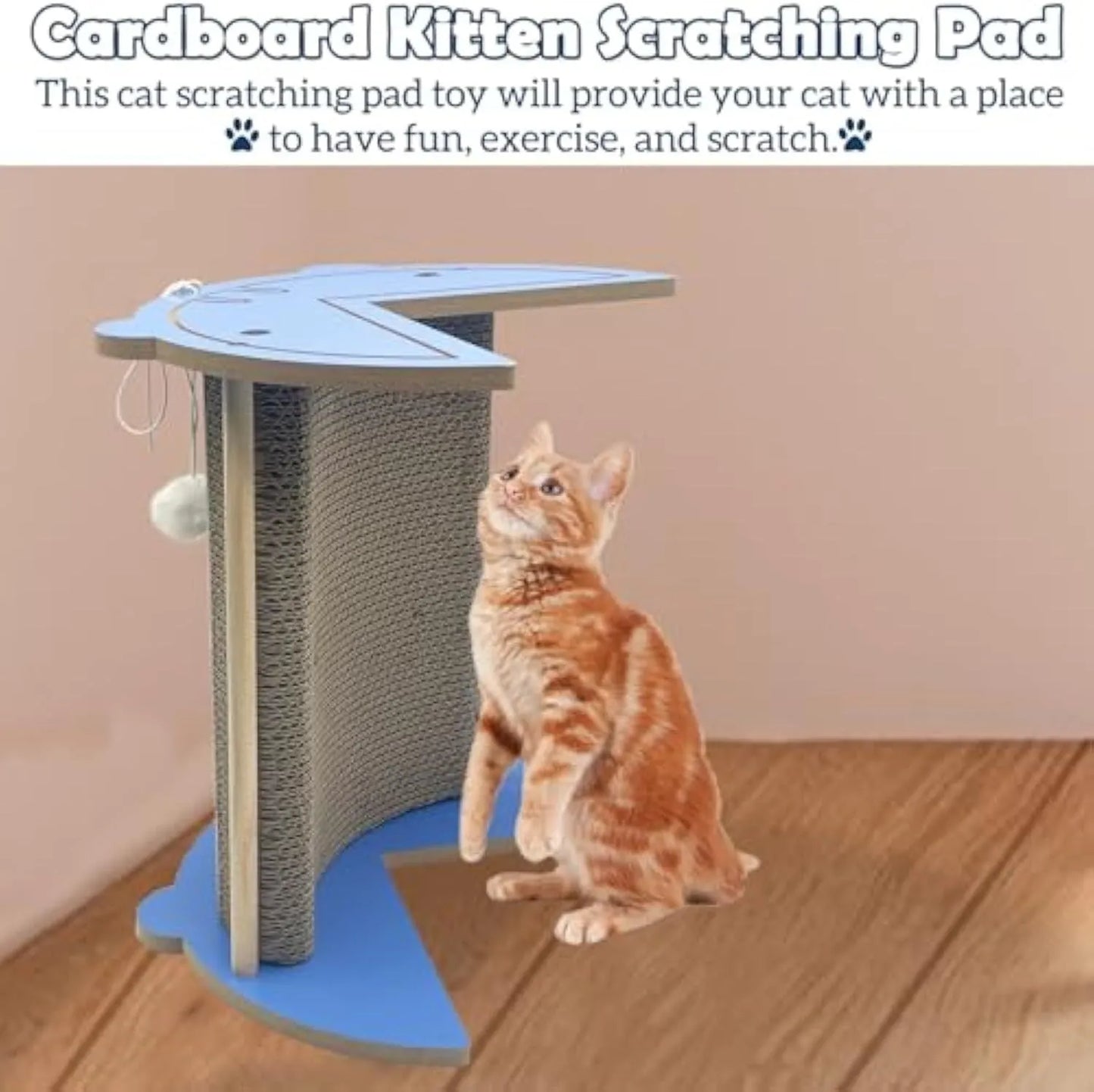 Grey corner cat scratcher with replaceable cardboard board and hanging red ball