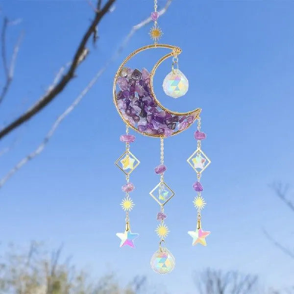Moon-shaped K9 crystal car pendant with 420mm metal chain and 100mm diameter reflective centre in blue, green, pink, purple, or white