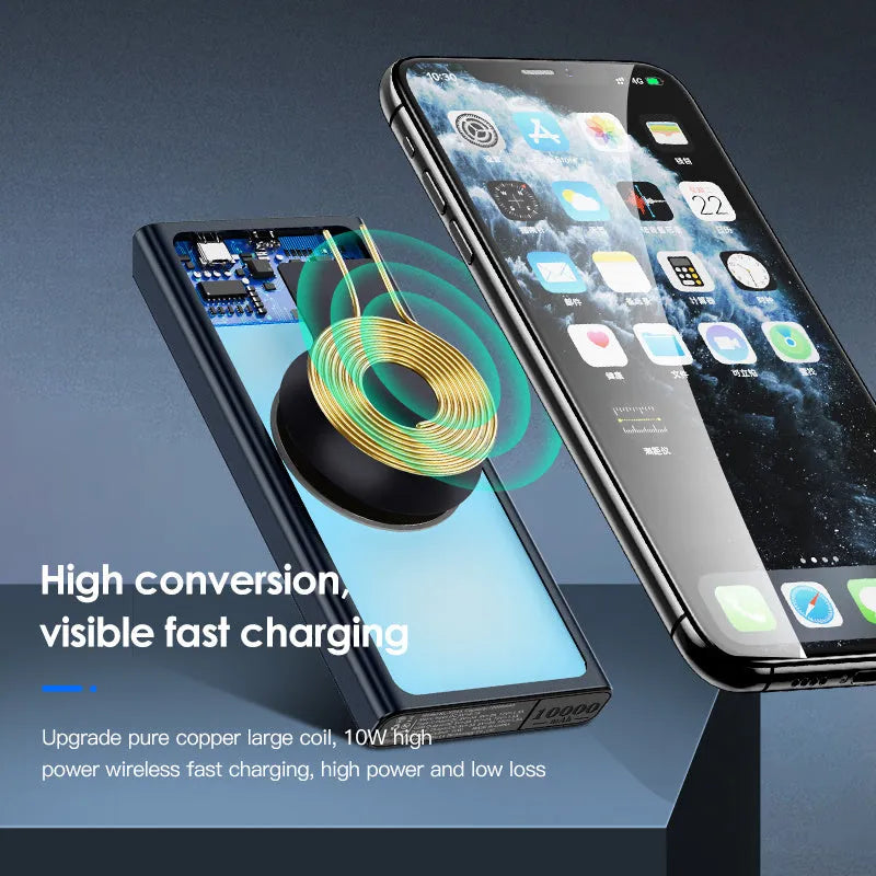 Black and blue alloy 10000mAh power bank with wireless charging surface and integrated plug.