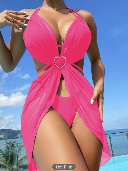 3-piece halter neck bikini set in black, white, blue, and dark pink for beach and summer wear