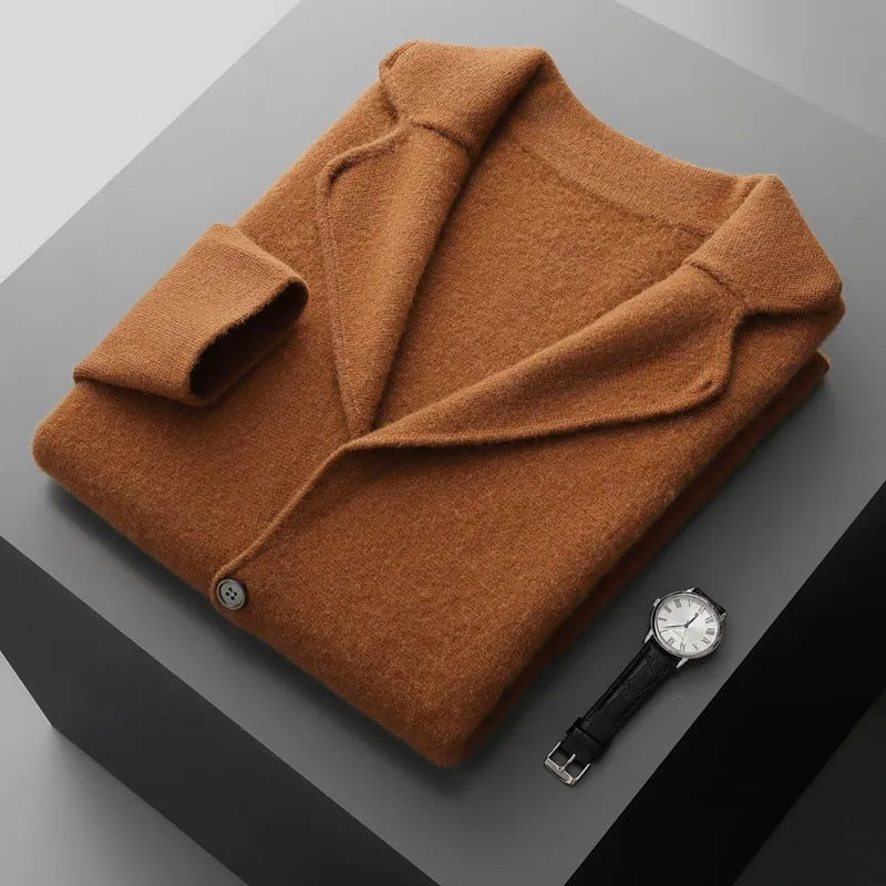 Men's cashmere lapel collar cardigan jacket in light gray colour showing loose fit and knitted texture