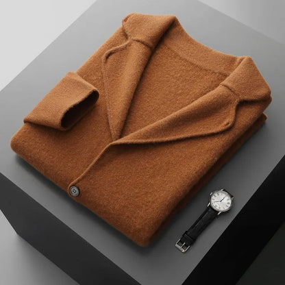 Men's cashmere lapel collar cardigan jacket in light gray colour showing loose fit and knitted texture