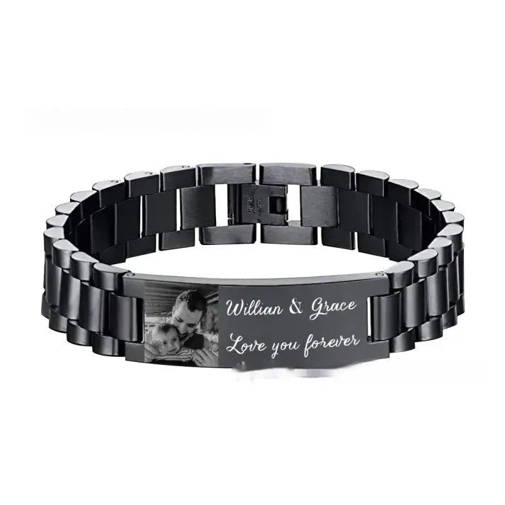 Men's titanium steel bracelet with curved heart shape and black electroplated lettering on wrist.