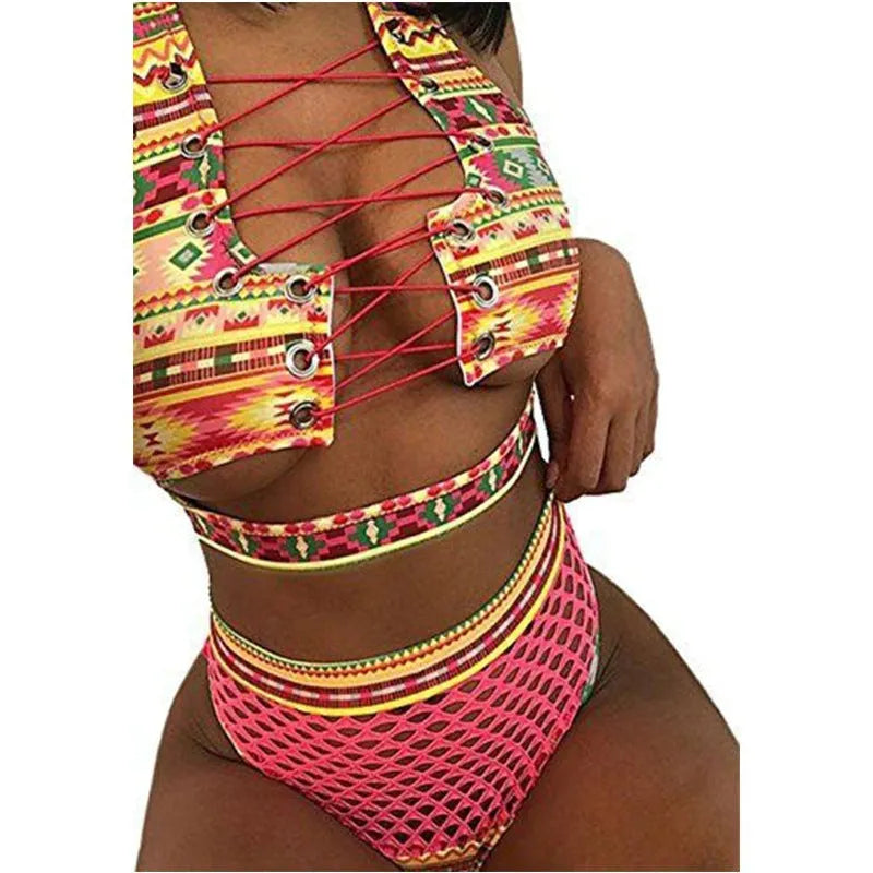 Women's checkered multicolor bikini with cross strap top and fishnet high waist briefs