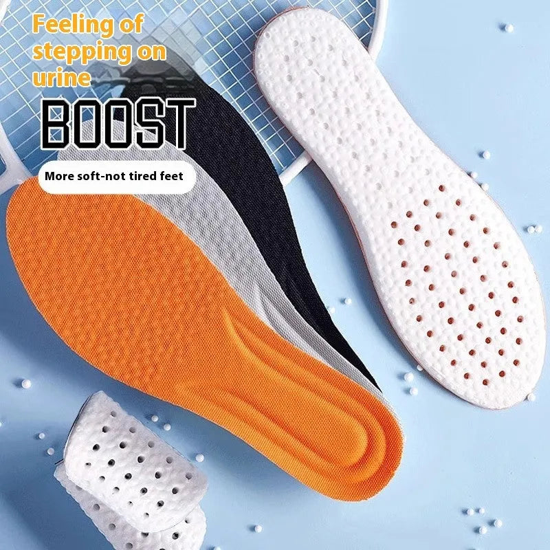 Breathable deodorant sports insoles in grey, black, or orange with high elastic PU construction and cut-to-fit sizing