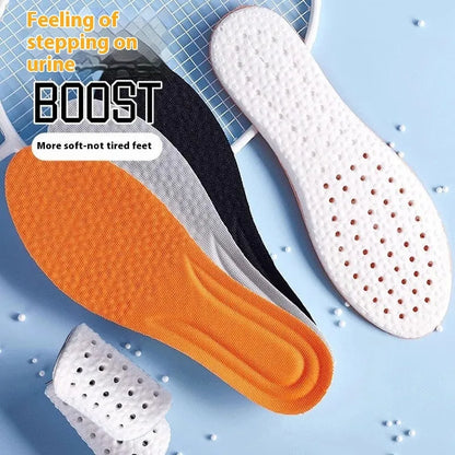 Breathable deodorant sports insoles in grey, black, or orange with high elastic PU construction and cut-to-fit sizing