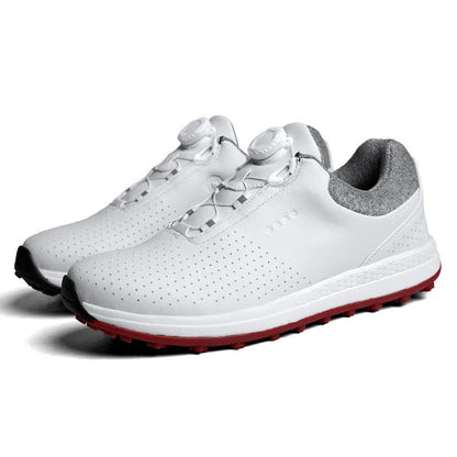 Men's white low-top casual golf shoe with breathable upper and non-slip broken nail sole.