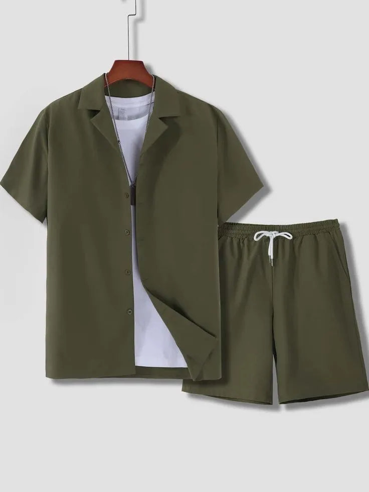 Men's short sleeve Cuban collar sport suit set with matching polyester shorts in multiple colour options