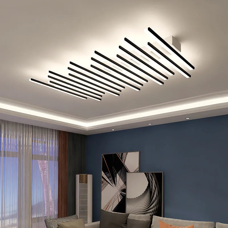 Modern minimalist LED ceiling light for living room and bedroom, wave style design with 6 heads at 50cm length, available in black or gold finish, ceramic construction with white or warm white light options, suitable for areas from 15 to 30 square metres.
