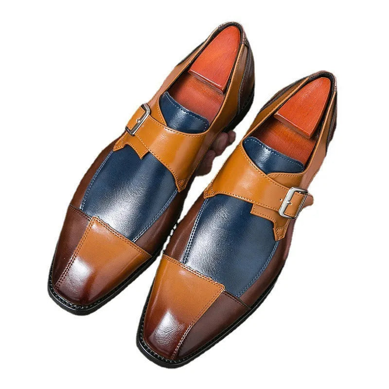 Men's brown blue and black retro-style casual leather shoes with a tall crown microfiber upper.
