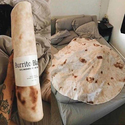 Round flannel burrito blanket with food-themed printing, showing coral fleece texture and wrap-style design