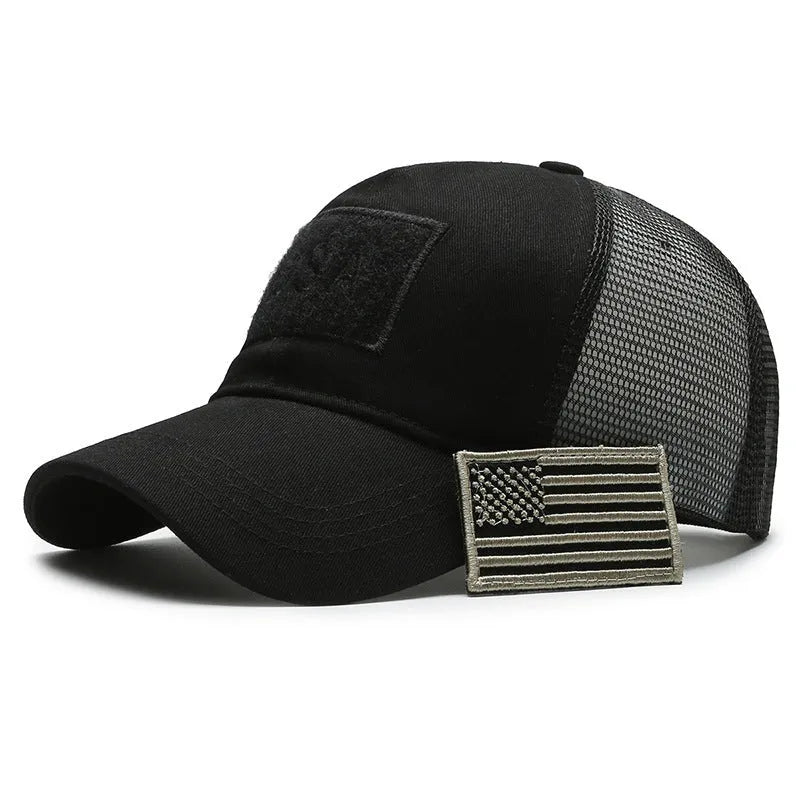 Adjustable camouflage baseball cap with Velcro closure and machine embroidery detailing