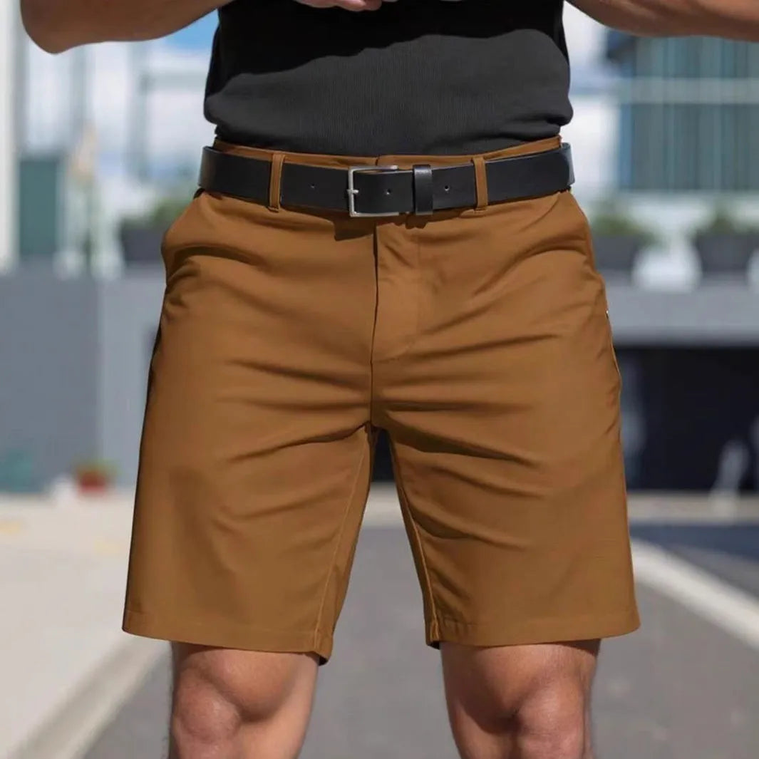 Men's straight-cut fifth pants in a solid light grey colour, showing the tailored fit.