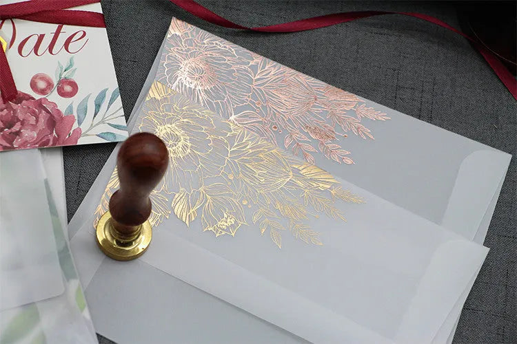 Sulfuric acid paper invitation card with bronzing matte varnish in gold or rose gold
