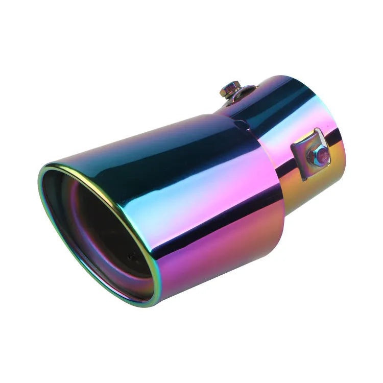 Stainless steel car exhaust tailpipe in baked blue finish, showing straight and curved outlet options.
