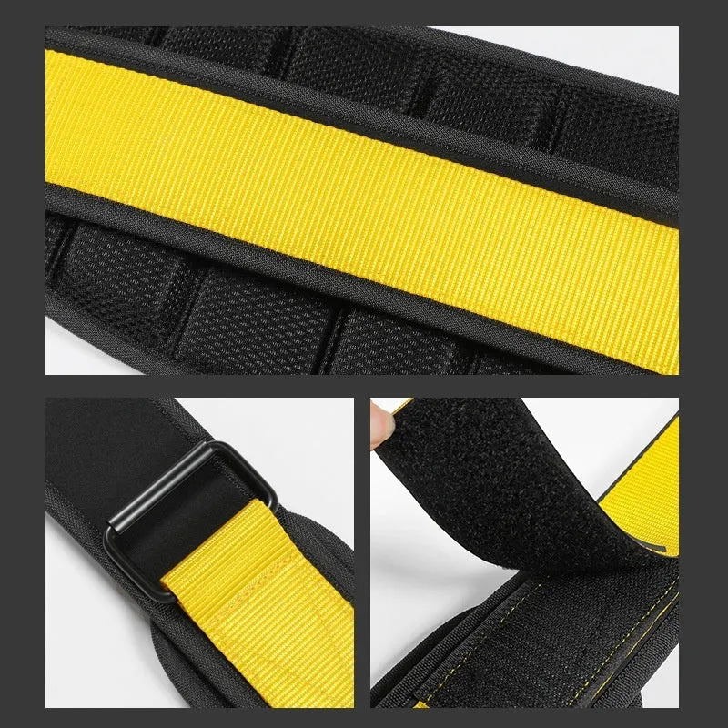 Adjustable waist support belt for weightlifting and squat training, available in black, red, or yellow