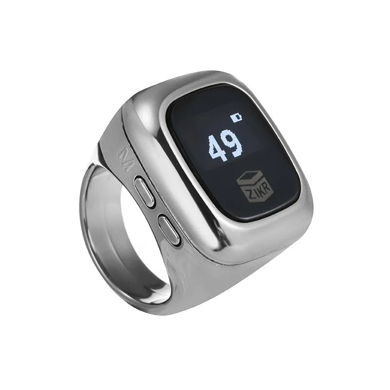 Al-Fatiha black digital wrist counter with display screen showing numbers, on a wrist.