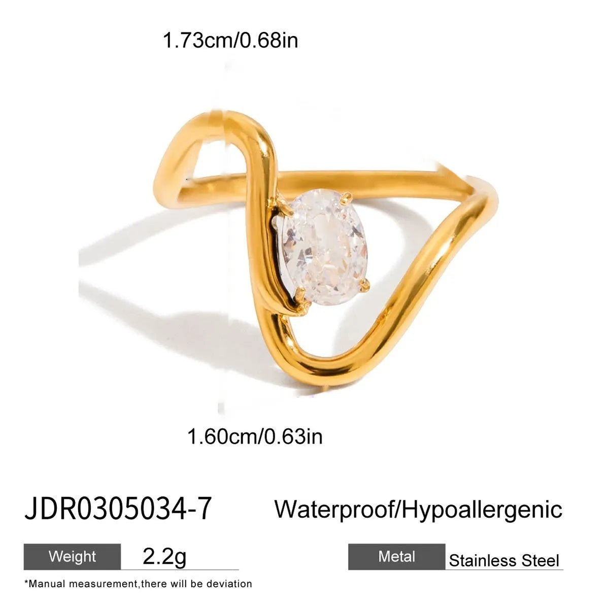 Geometric titanium steel ring with zircon stones in a silver tone on a grey background.
