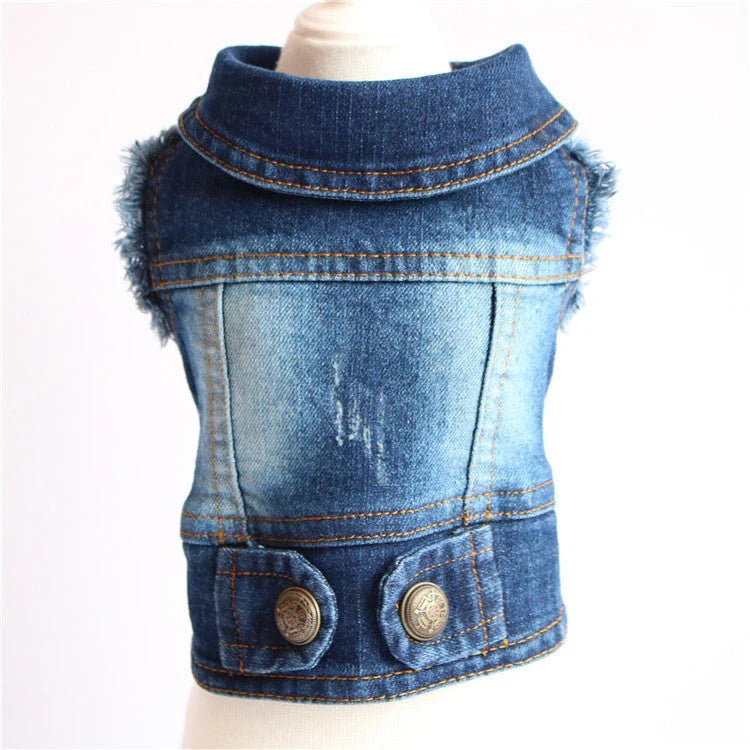 Stylish denim dog jacket with customizable color, pattern, and size options