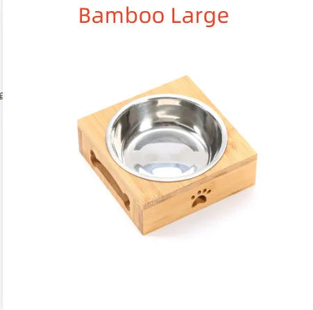 Solid wood pet dining table with elevated stainless steel feeding bowls for cat or dog