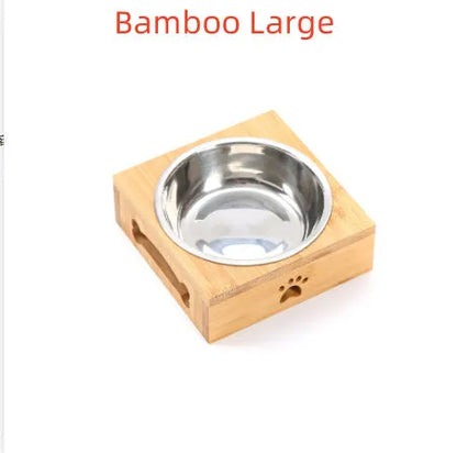 Solid wood pet dining table with elevated stainless steel feeding bowls for cat or dog