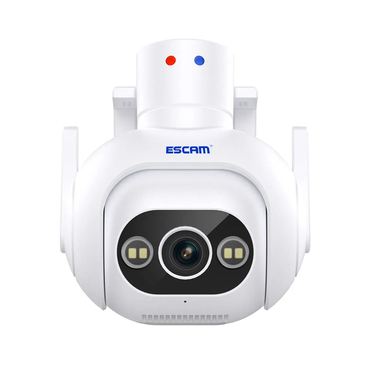 White smart security camera with wall mount bracket and 4mm lens for indoor and outdoor use.